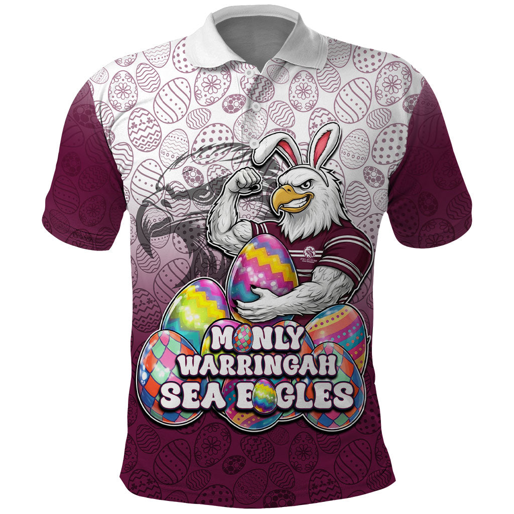 Personalized Manly Warringah Sea Eagles Polo Shirt Easter Mascot - Colorful Eggs Cartoon Style