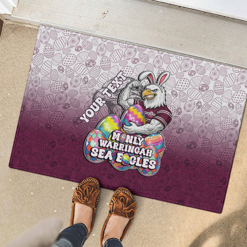 Personalized Manly Warringah Sea Eagles Rubber Doormat Easter Mascot - Colorful Eggs Cartoon Style