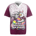 Personalized Manly Warringah Sea Eagles Rugby Jersey Easter Mascot - Colorful Eggs Cartoon Style