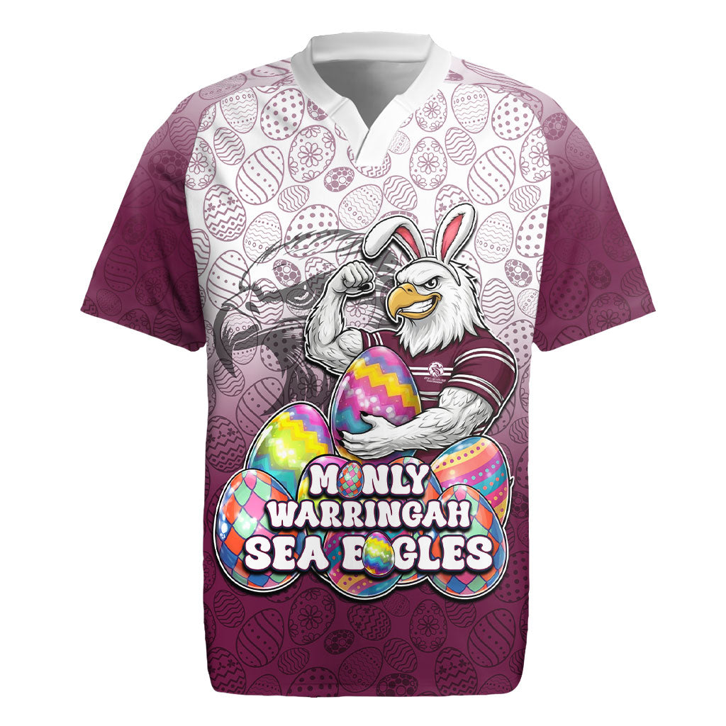 Personalized Manly Warringah Sea Eagles Rugby Jersey Easter Mascot - Colorful Eggs Cartoon Style