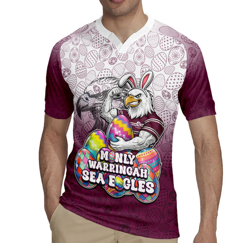 Personalized Manly Warringah Sea Eagles Rugby Jersey Easter Mascot - Colorful Eggs Cartoon Style