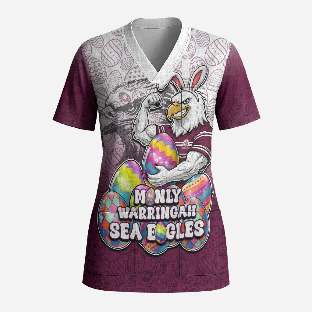 Personalized Manly Warringah Sea Eagles Scrub Top Easter Mascot - Colorful Eggs Cartoon Style
