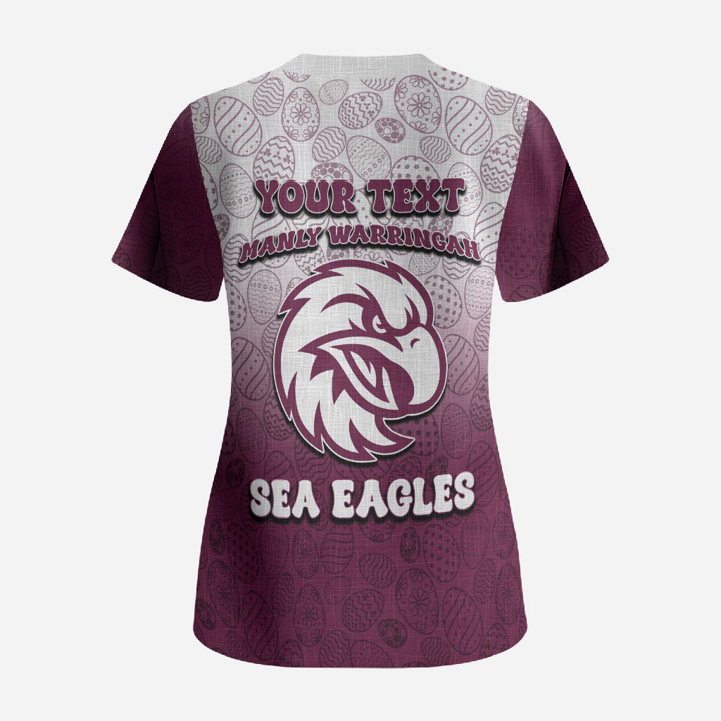 Personalized Manly Warringah Sea Eagles Scrub Top Easter Mascot - Colorful Eggs Cartoon Style