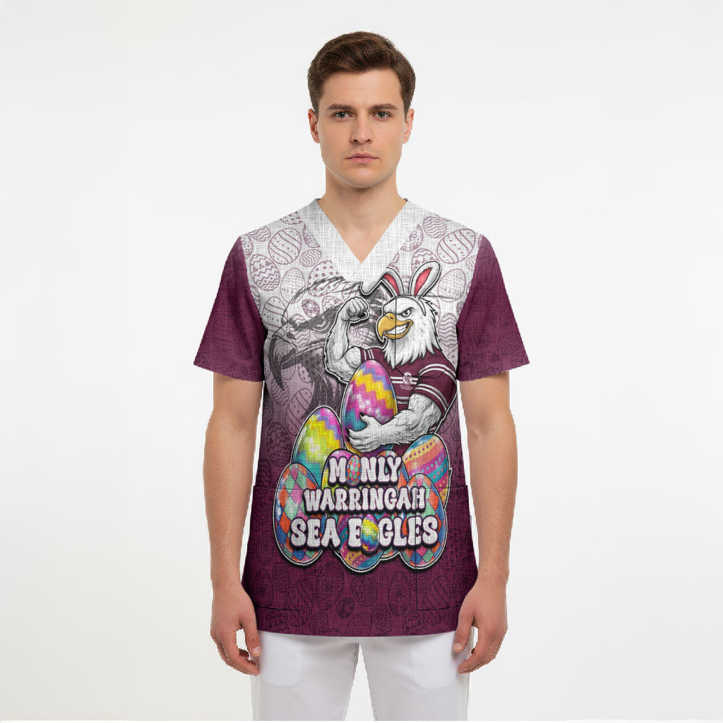 Personalized Manly Warringah Sea Eagles Scrub Top Easter Mascot - Colorful Eggs Cartoon Style