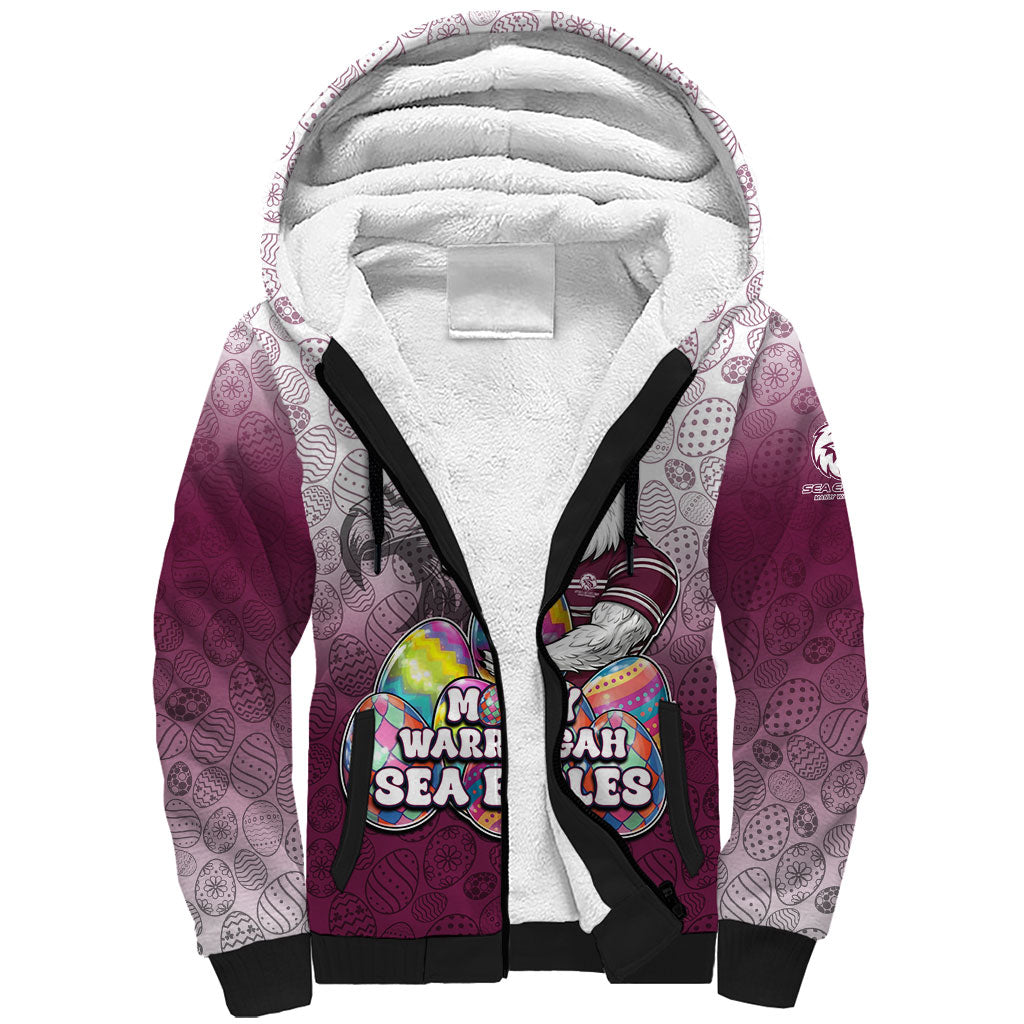 Personalized Manly Warringah Sea Eagles Sherpa Hoodie Easter Mascot - Colorful Eggs Cartoon Style
