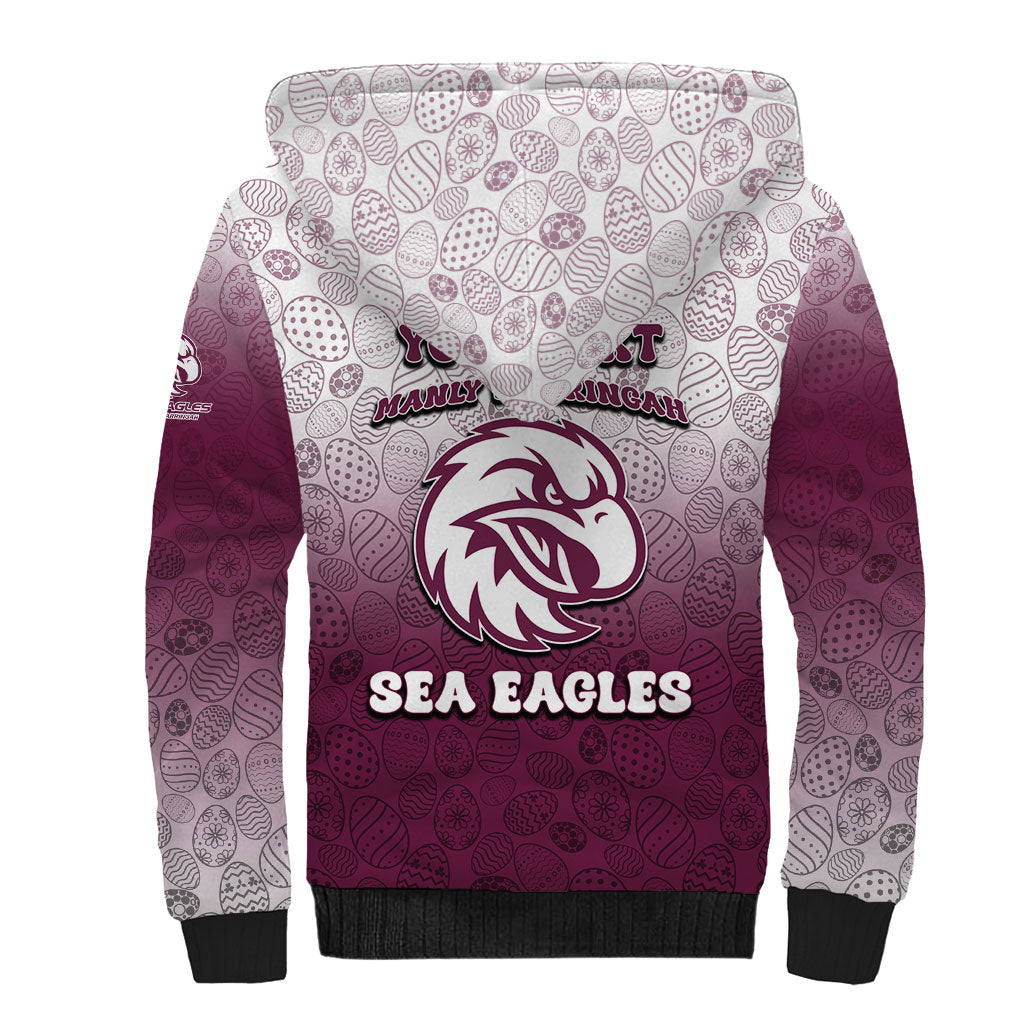 Personalized Manly Warringah Sea Eagles Sherpa Hoodie Easter Mascot - Colorful Eggs Cartoon Style