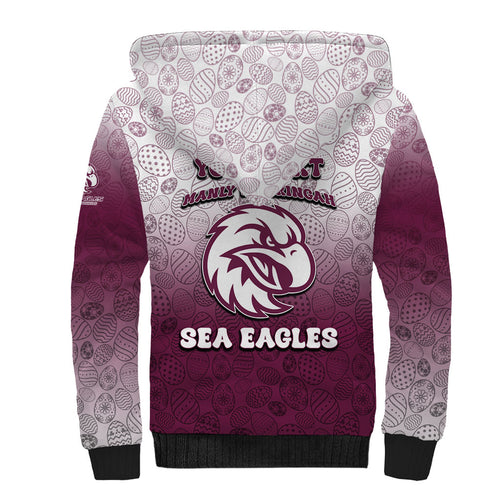 Personalized Manly Warringah Sea Eagles Sherpa Hoodie Easter Mascot - Colorful Eggs Cartoon Style