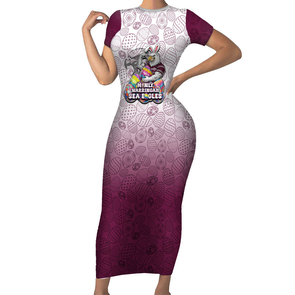 Personalized Manly Warringah Sea Eagles Short Sleeve Bodycon Dress Easter Mascot - Colorful Eggs Cartoon Style