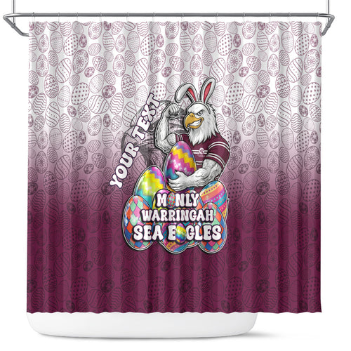 Personalized Manly Warringah Sea Eagles Shower Curtain Easter Mascot - Colorful Eggs Cartoon Style