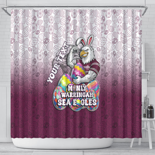 Personalized Manly Warringah Sea Eagles Shower Curtain Easter Mascot - Colorful Eggs Cartoon Style
