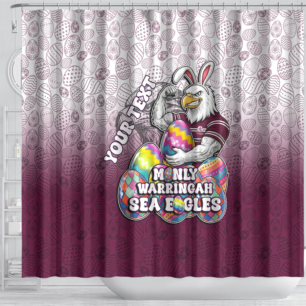 Personalized Manly Warringah Sea Eagles Shower Curtain Easter Mascot - Colorful Eggs Cartoon Style