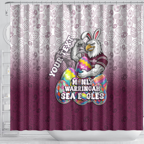 Personalized Manly Warringah Sea Eagles Shower Curtain Easter Mascot - Colorful Eggs Cartoon Style