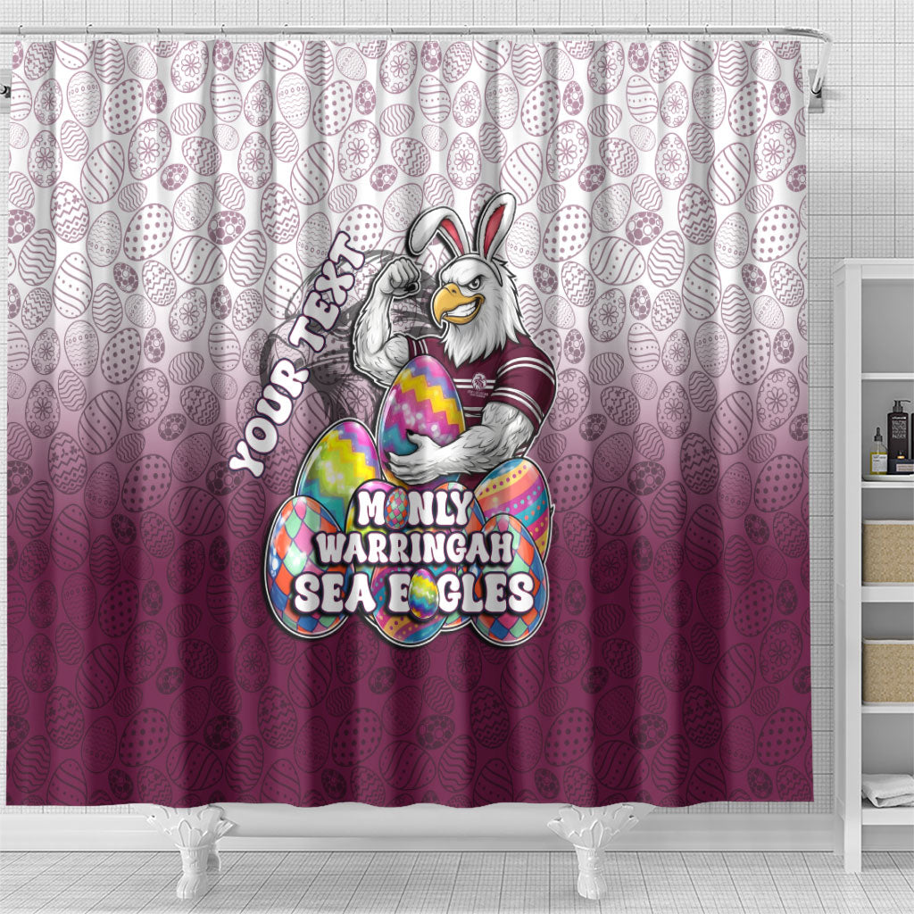 Personalized Manly Warringah Sea Eagles Shower Curtain Easter Mascot - Colorful Eggs Cartoon Style
