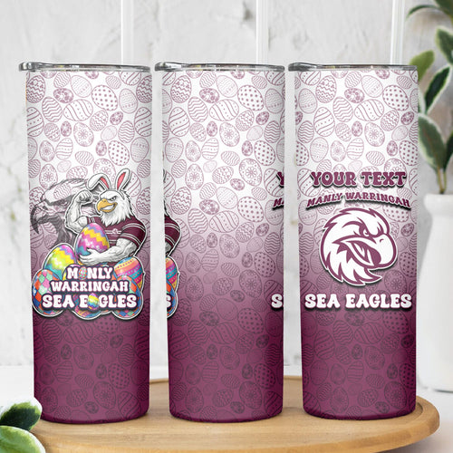 Personalized Manly Warringah Sea Eagles Skinny Tumbler Easter Mascot - Colorful Eggs Cartoon Style