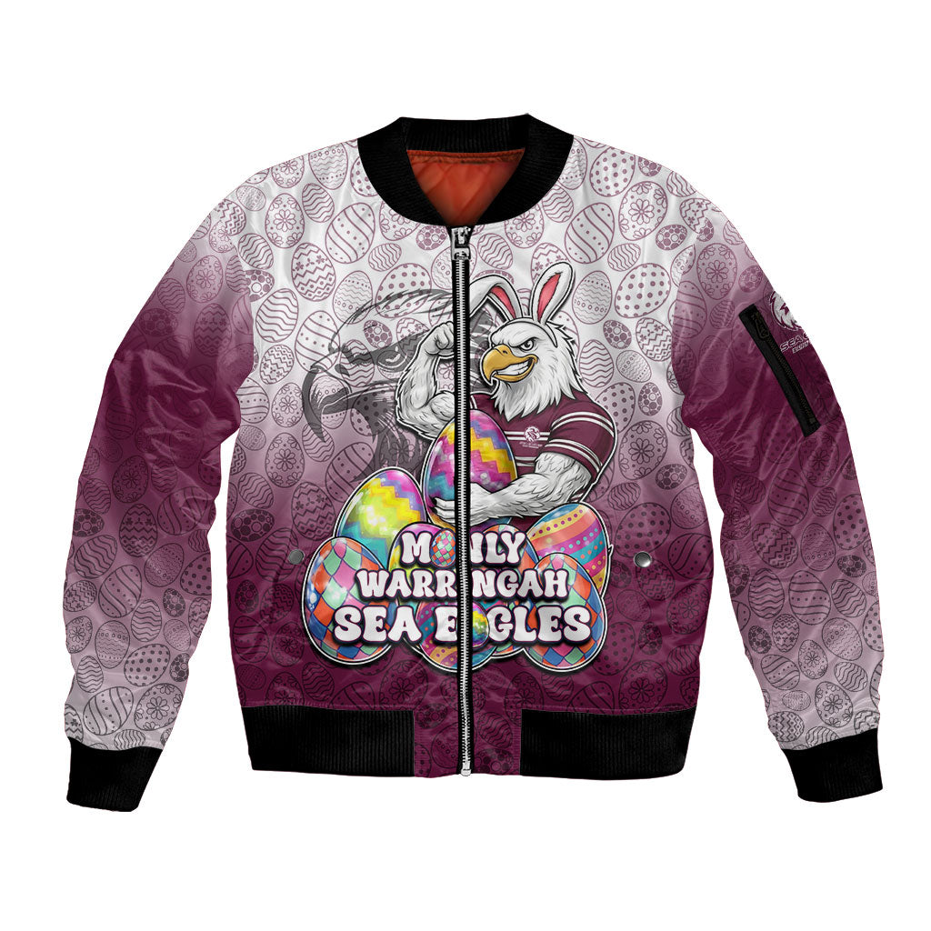 Personalized Manly Warringah Sea Eagles Sleeve Zip Bomber Jacket Easter Mascot - Colorful Eggs Cartoon Style