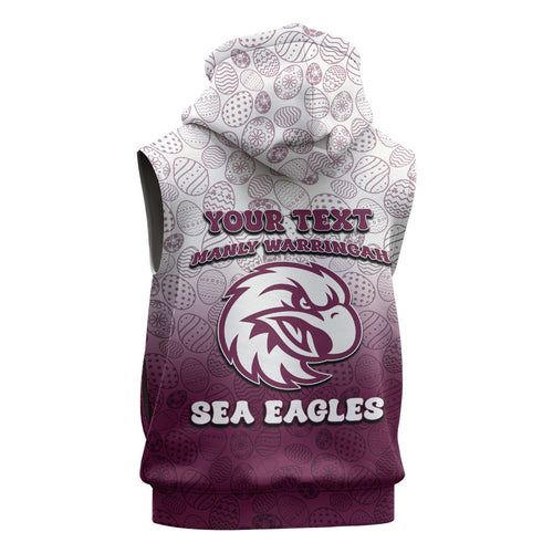 Personalized Manly Warringah Sea Eagles Sleeveless Hoodie Easter Mascot - Colorful Eggs Cartoon Style