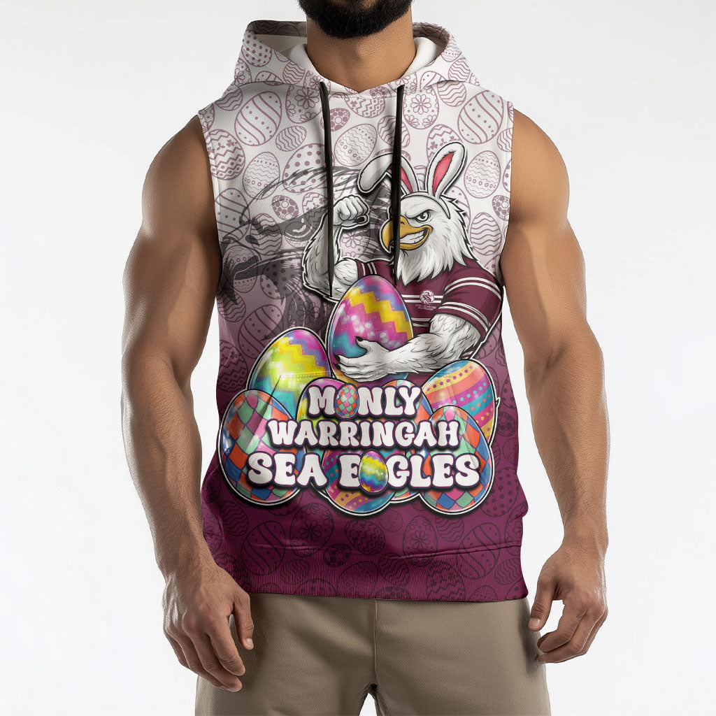 Personalized Manly Warringah Sea Eagles Sleeveless Hoodie Easter Mascot - Colorful Eggs Cartoon Style