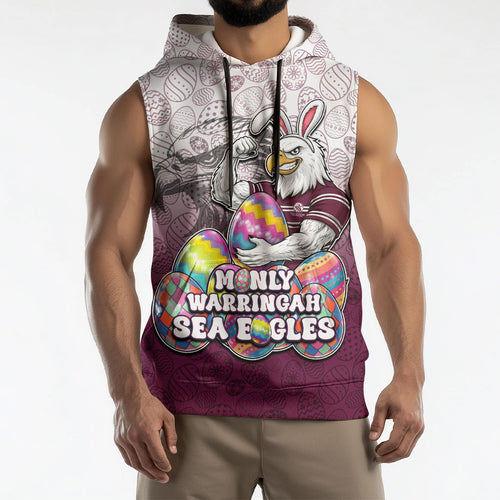 Personalized Manly Warringah Sea Eagles Sleeveless Hoodie Easter Mascot - Colorful Eggs Cartoon Style