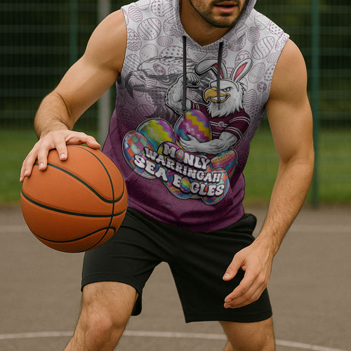 Personalized Manly Warringah Sea Eagles Sleeveless Hoodie Easter Mascot - Colorful Eggs Cartoon Style