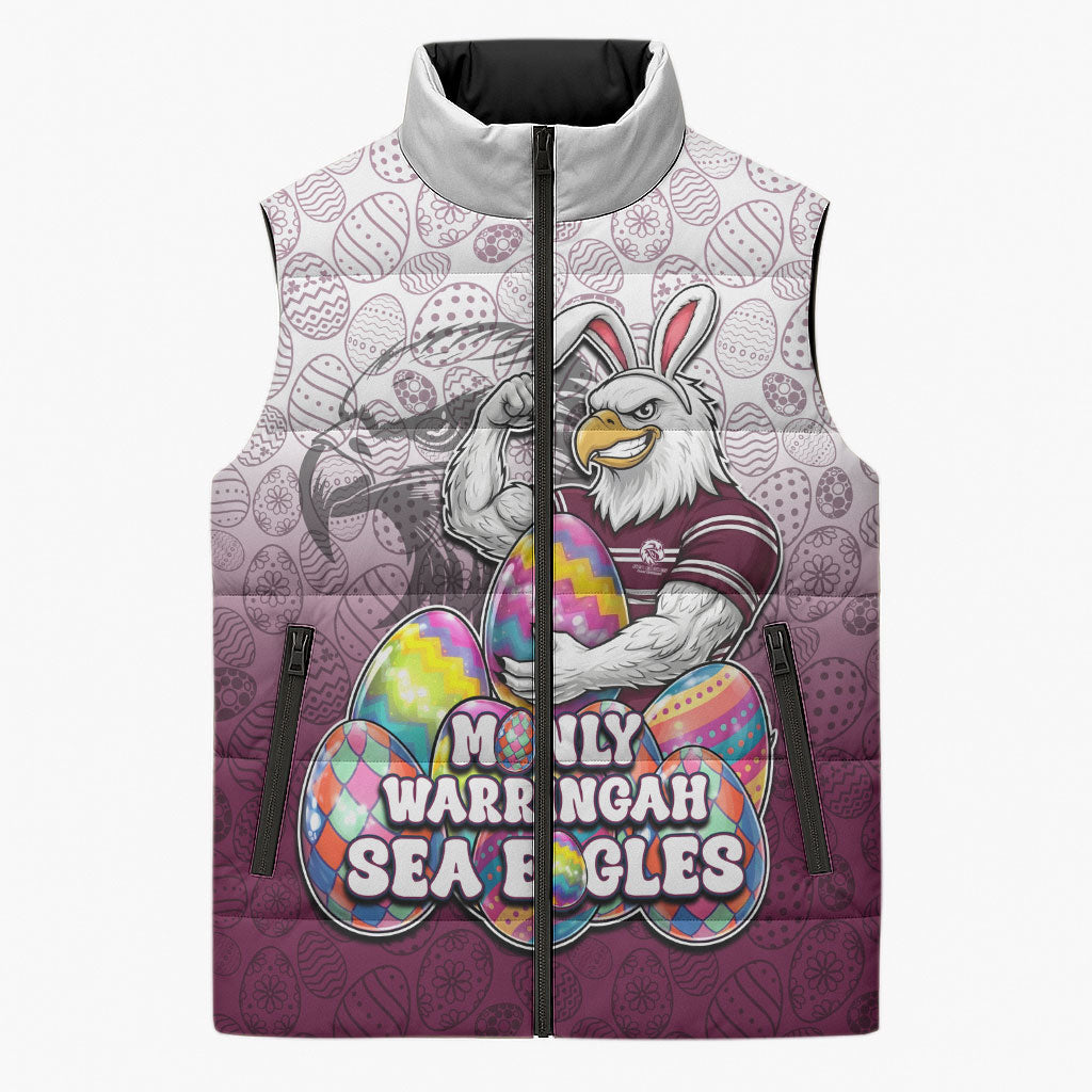 Personalized Manly Warringah Sea Eagles Sleeveless Puffer Jacket Easter Mascot - Colorful Eggs Cartoon Style