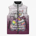 Personalized Manly Warringah Sea Eagles Sleeveless Puffer Jacket Easter Mascot - Colorful Eggs Cartoon Style