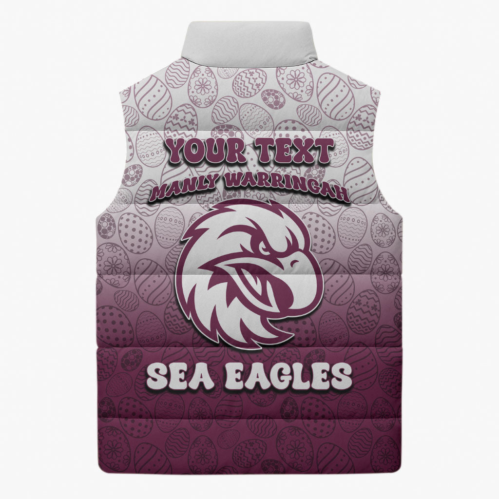 Personalized Manly Warringah Sea Eagles Sleeveless Puffer Jacket Easter Mascot - Colorful Eggs Cartoon Style