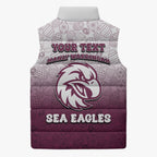 Personalized Manly Warringah Sea Eagles Sleeveless Puffer Jacket Easter Mascot - Colorful Eggs Cartoon Style