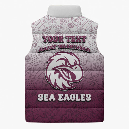 Personalized Manly Warringah Sea Eagles Sleeveless Puffer Jacket Easter Mascot - Colorful Eggs Cartoon Style