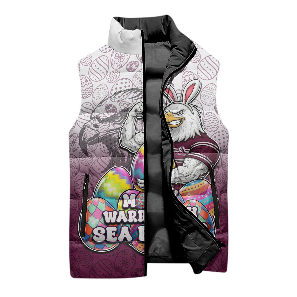 Personalized Manly Warringah Sea Eagles Sleeveless Puffer Jacket Easter Mascot - Colorful Eggs Cartoon Style