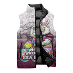 Personalized Manly Warringah Sea Eagles Sleeveless Puffer Jacket Easter Mascot - Colorful Eggs Cartoon Style
