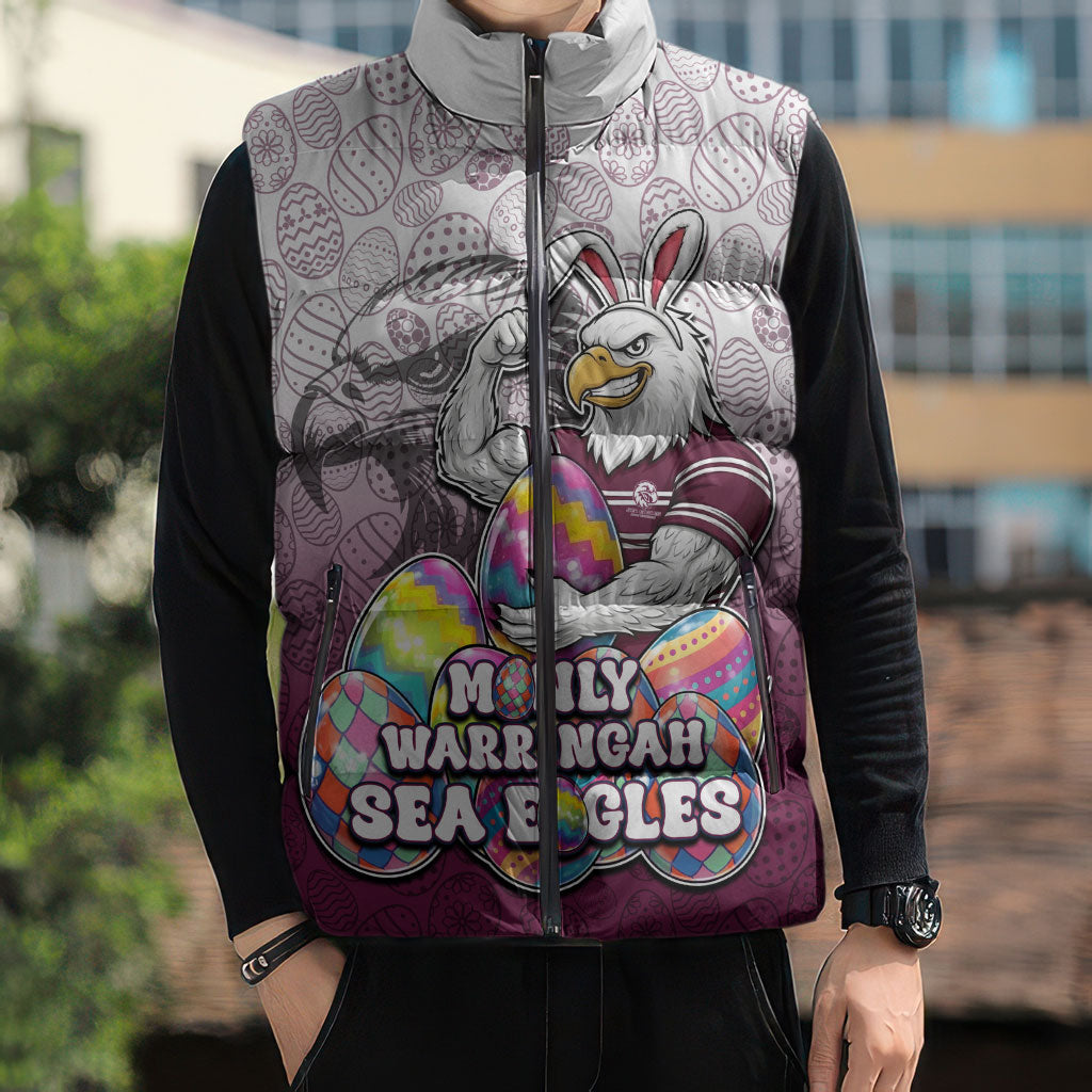 Personalized Manly Warringah Sea Eagles Sleeveless Puffer Jacket Easter Mascot - Colorful Eggs Cartoon Style