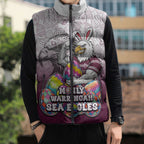 Personalized Manly Warringah Sea Eagles Sleeveless Puffer Jacket Easter Mascot - Colorful Eggs Cartoon Style