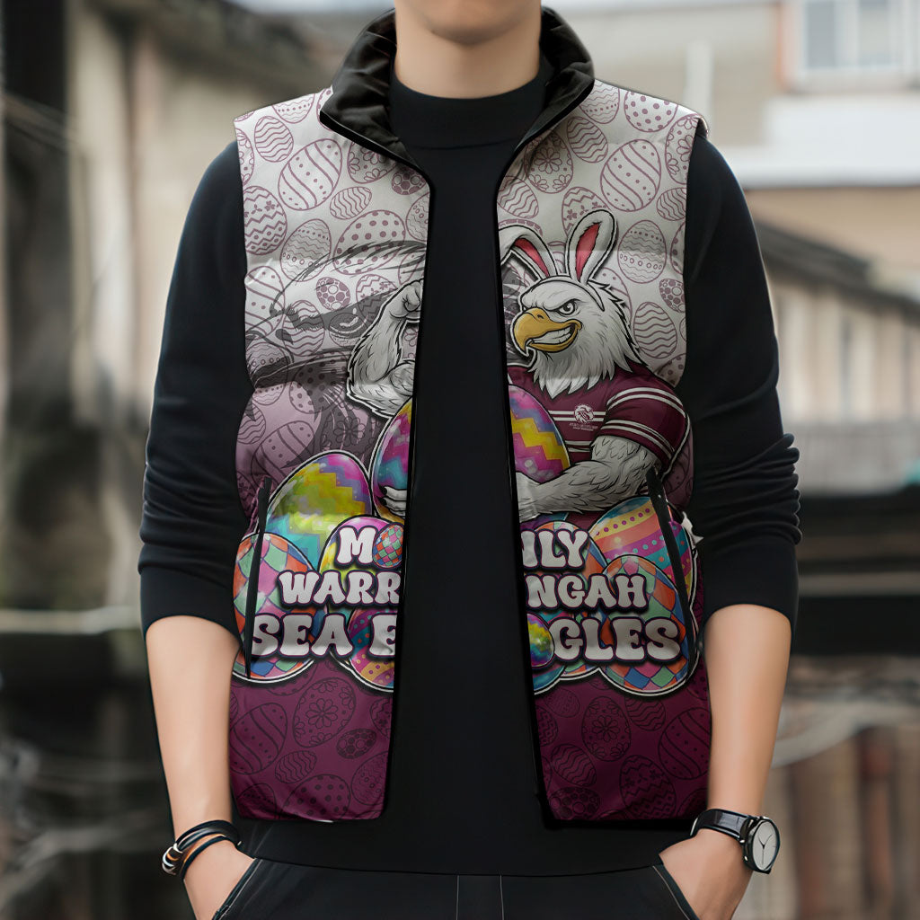 Personalized Manly Warringah Sea Eagles Sleeveless Puffer Jacket Easter Mascot - Colorful Eggs Cartoon Style