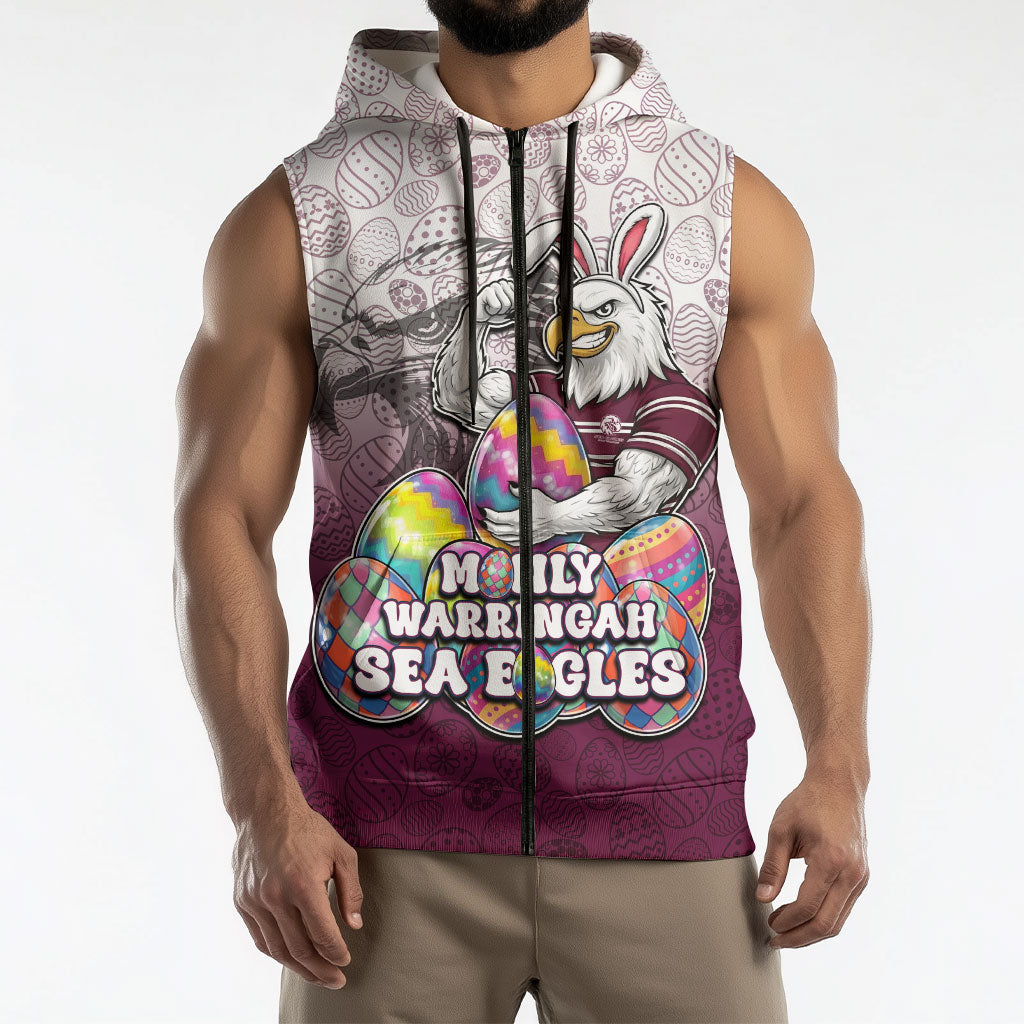 Personalized Manly Warringah Sea Eagles Sleeveless Zip Hoodie Easter Mascot - Colorful Eggs Cartoon Style