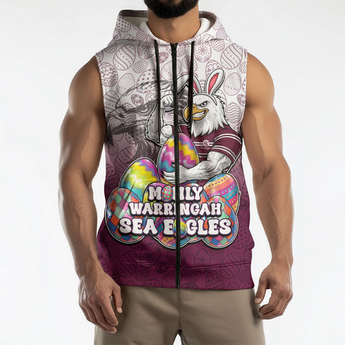 Personalized Manly Warringah Sea Eagles Sleeveless Zip Hoodie Easter Mascot - Colorful Eggs Cartoon Style