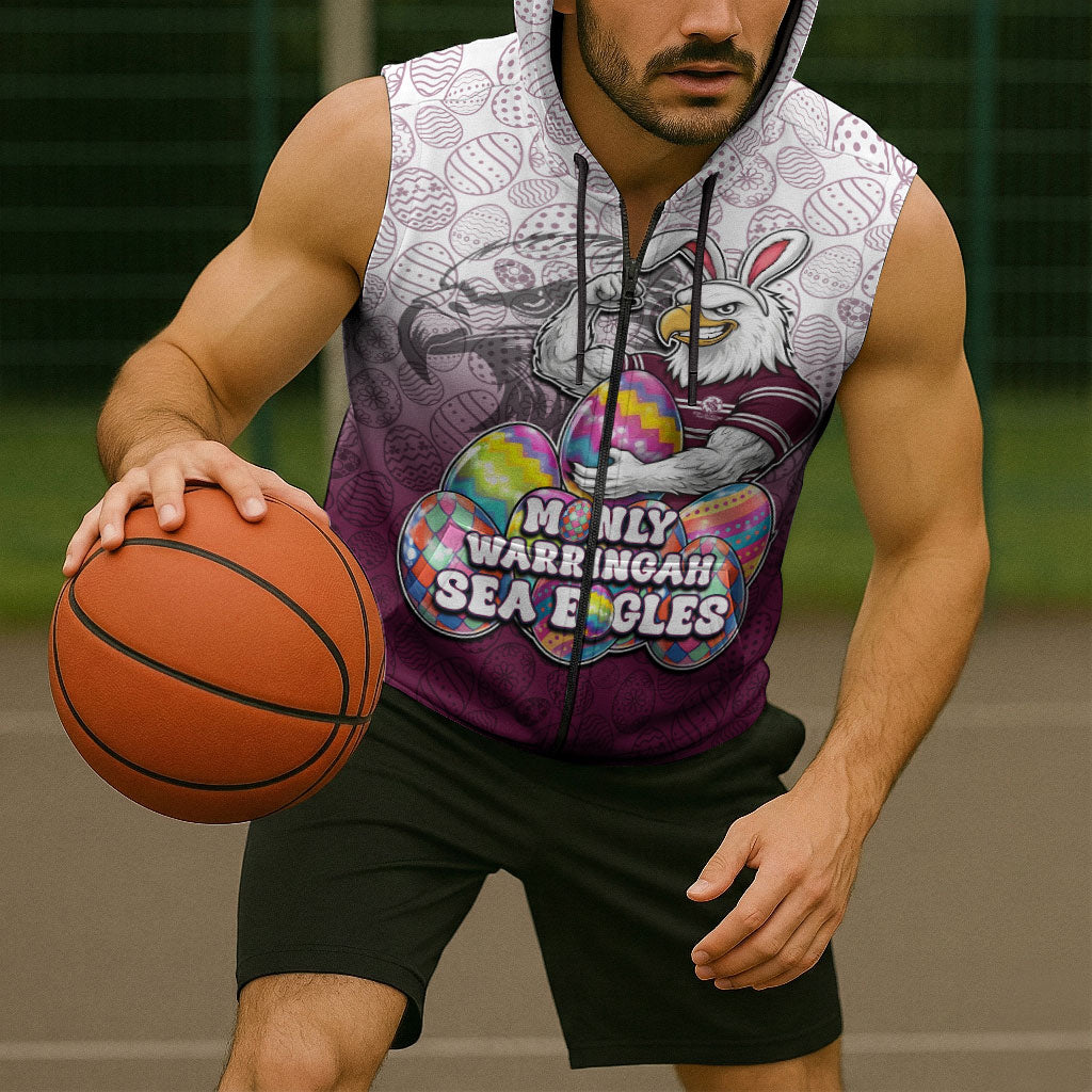 Personalized Manly Warringah Sea Eagles Sleeveless Zip Hoodie Easter Mascot - Colorful Eggs Cartoon Style