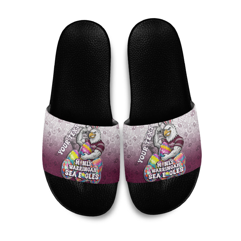 Personalized Manly Warringah Sea Eagles Slide Sandals Easter Mascot - Colorful Eggs Cartoon Style