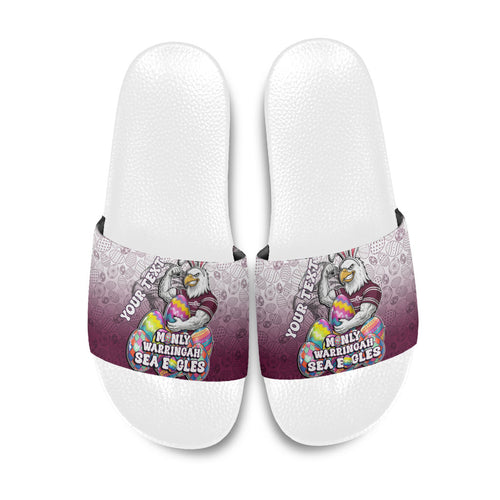 Personalized Manly Warringah Sea Eagles Slide Sandals Easter Mascot - Colorful Eggs Cartoon Style