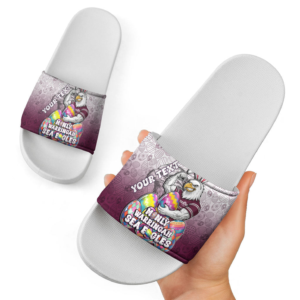 Personalized Manly Warringah Sea Eagles Slide Sandals Easter Mascot - Colorful Eggs Cartoon Style