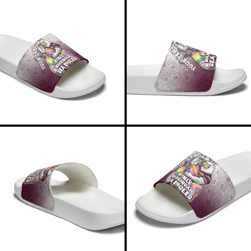 Personalized Manly Warringah Sea Eagles Slide Sandals Easter Mascot - Colorful Eggs Cartoon Style