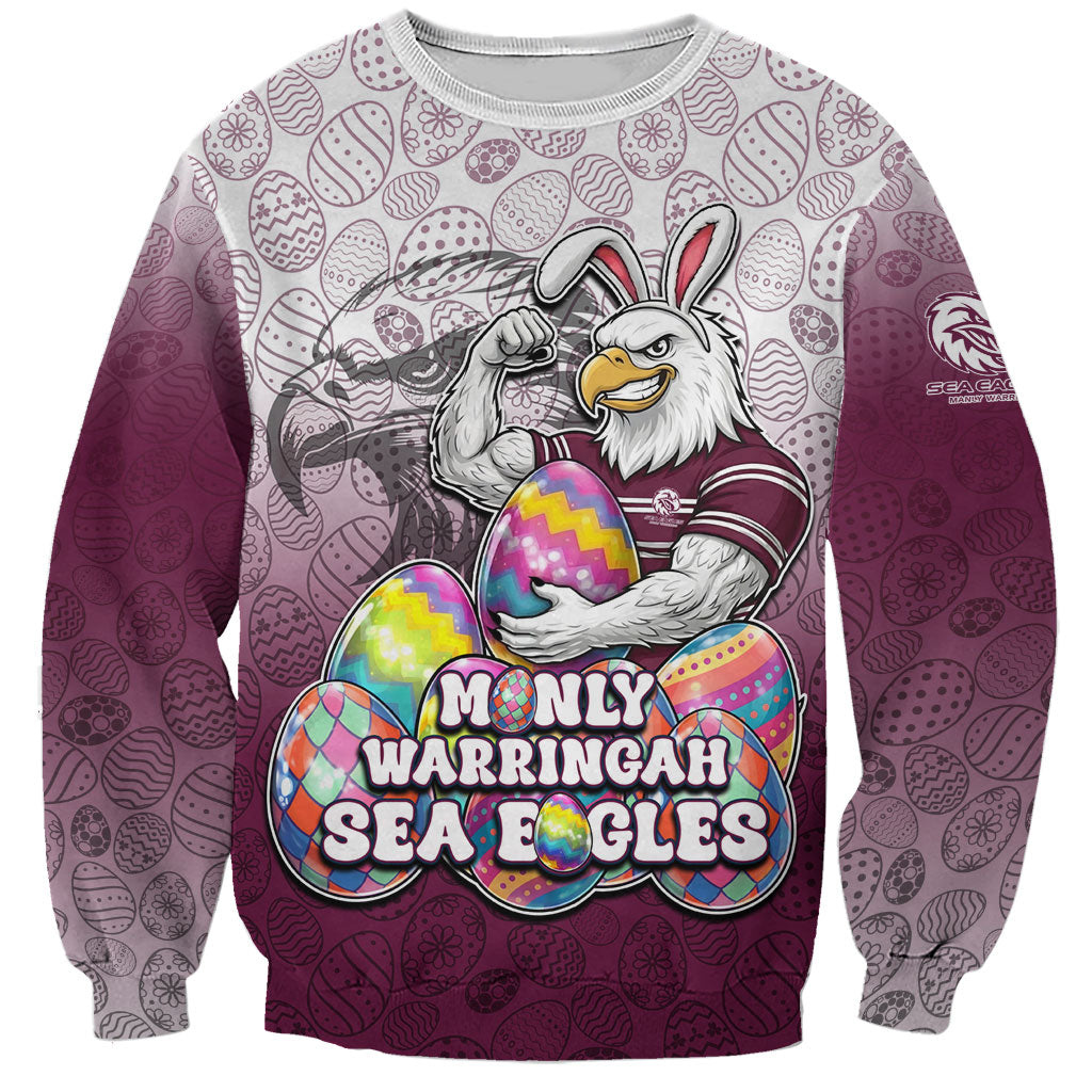 Personalized Manly Warringah Sea Eagles Sweatshirt Easter Mascot - Colorful Eggs Cartoon Style