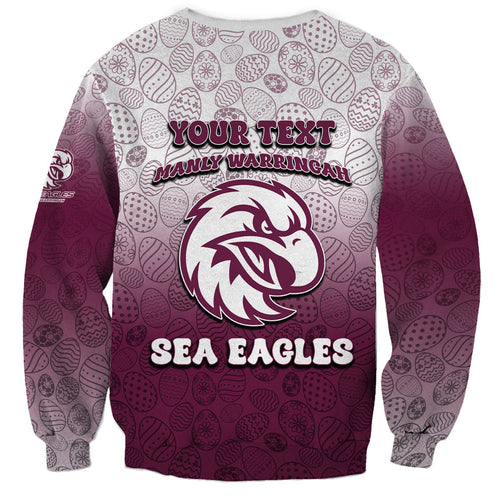 Personalized Manly Warringah Sea Eagles Sweatshirt Easter Mascot - Colorful Eggs Cartoon Style