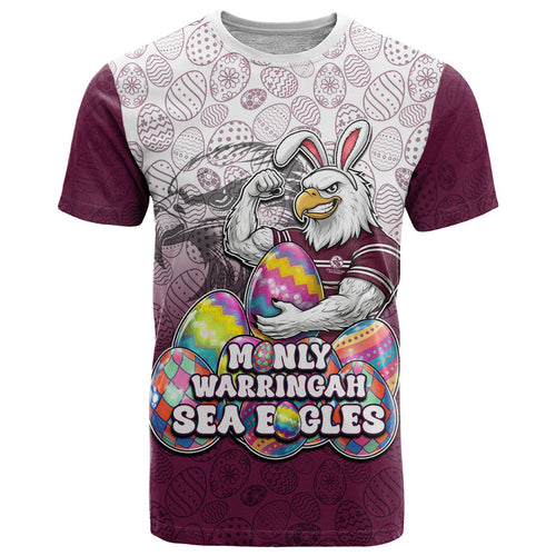 Personalized Manly Warringah Sea Eagles T Shirt Easter Mascot - Colorful Eggs Cartoon Style