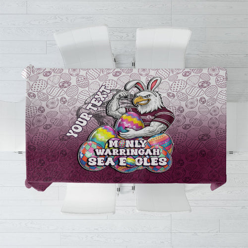 Personalized Manly Warringah Sea Eagles Tablecloth Easter Mascot - Colorful Eggs Cartoon Style