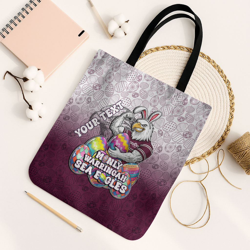 Personalized Manly Warringah Sea Eagles Tote Bag Easter Mascot - Colorful Eggs Cartoon Style