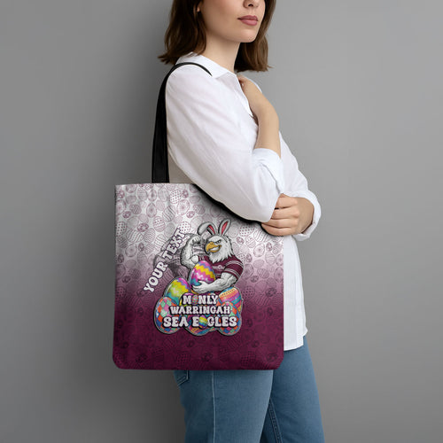 Personalized Manly Warringah Sea Eagles Tote Bag Easter Mascot - Colorful Eggs Cartoon Style