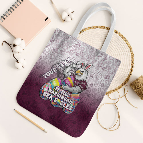 Personalized Manly Warringah Sea Eagles Tote Bag Easter Mascot - Colorful Eggs Cartoon Style