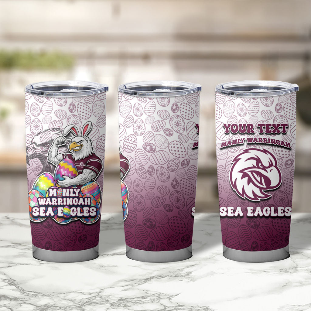 Personalized Manly Warringah Sea Eagles Tumbler Cup Easter Mascot - Colorful Eggs Cartoon Style
