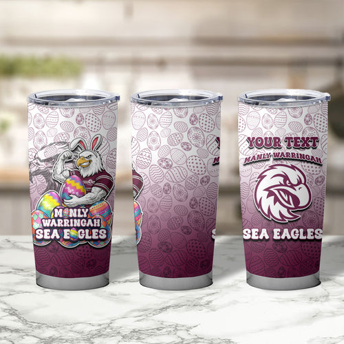 Personalized Manly Warringah Sea Eagles Tumbler Cup Easter Mascot - Colorful Eggs Cartoon Style