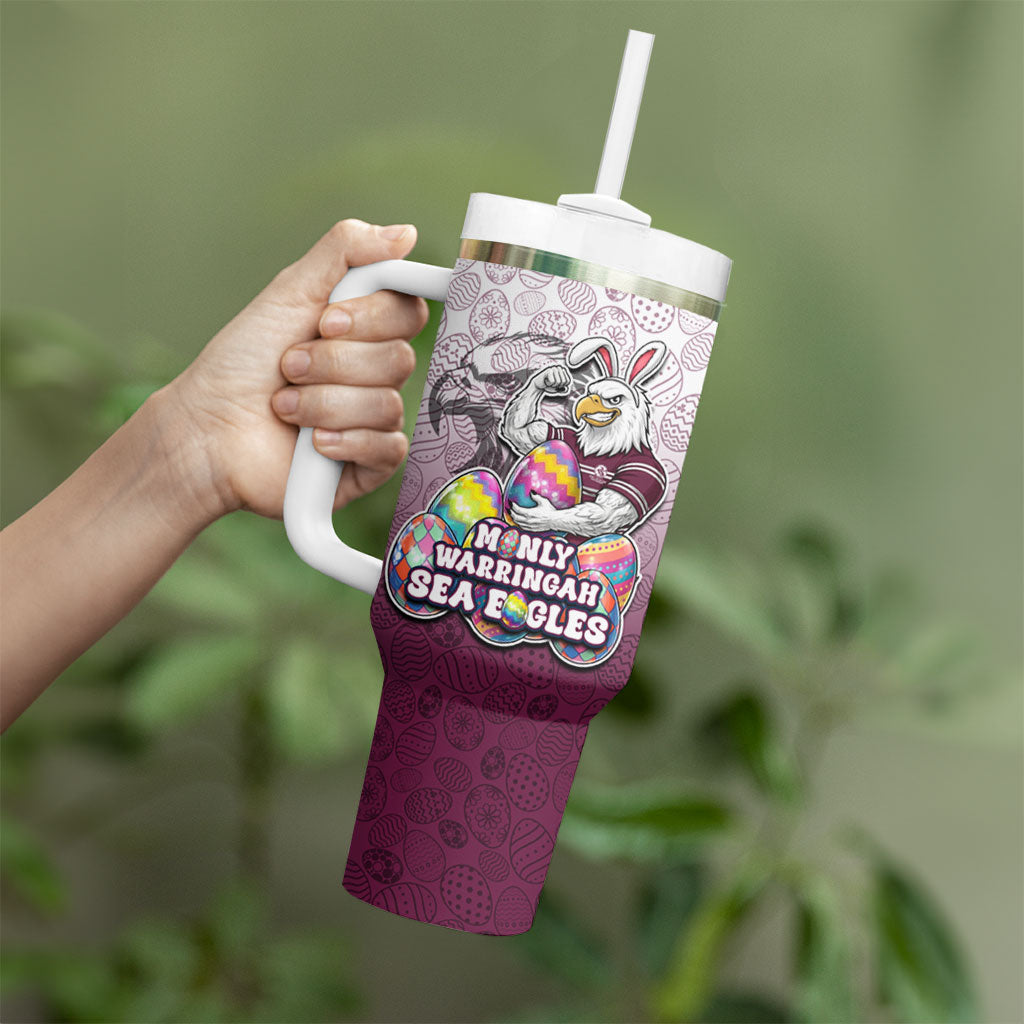 Personalized Manly Warringah Sea Eagles Tumbler With Handle Easter Mascot - Colorful Eggs Cartoon Style